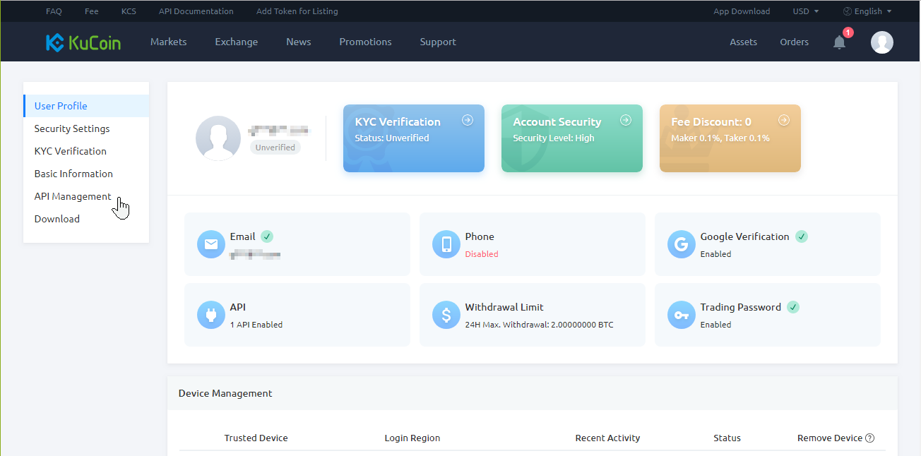 KuCoin user profile with account security, fee discount, and API management details displayed.