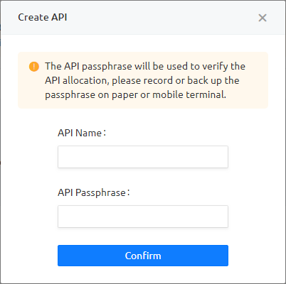 HaasOnline cryptocurrency trading platform Create API dialog with fields for API Name and API Passphrase.