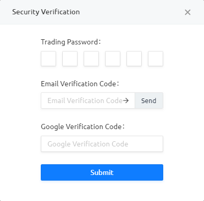 Security verification dialog for HaasOnline trading platform with input fields for trading password, email verification code, and Google verification code.