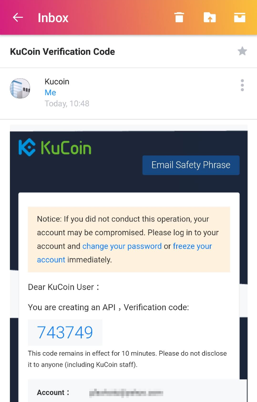 Email verification dialog from KuCoin cryptocurrency exchange app displaying security notice and 743749 verification code.