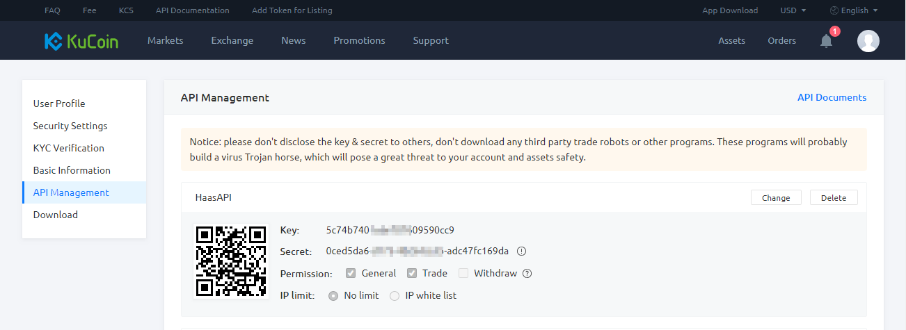 Cryptocurrency trading platform API management dashboard with key, secret, and permission settings
