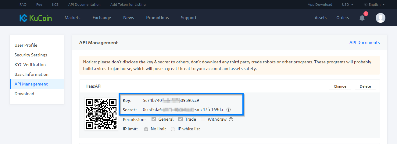 HaasAPI dashboard displaying API key and secret configuration options with permissions and IP restrictions.