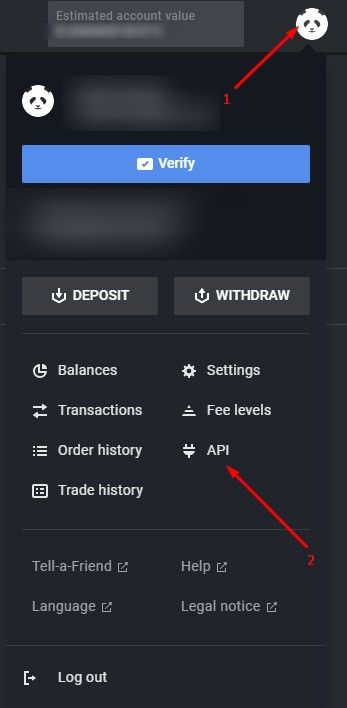 Cryptocurrency trading platform UI with various account management options, including Verify, Deposit, Withdraw, and Settings.