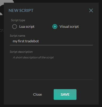 New script creation dialog in HaasOnline cryptocurrency trading platform with Lua script and Visual script options.