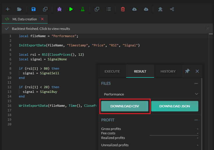 Cryptocurrency trading platform documentation with buttons to download CSV and JSON data files.