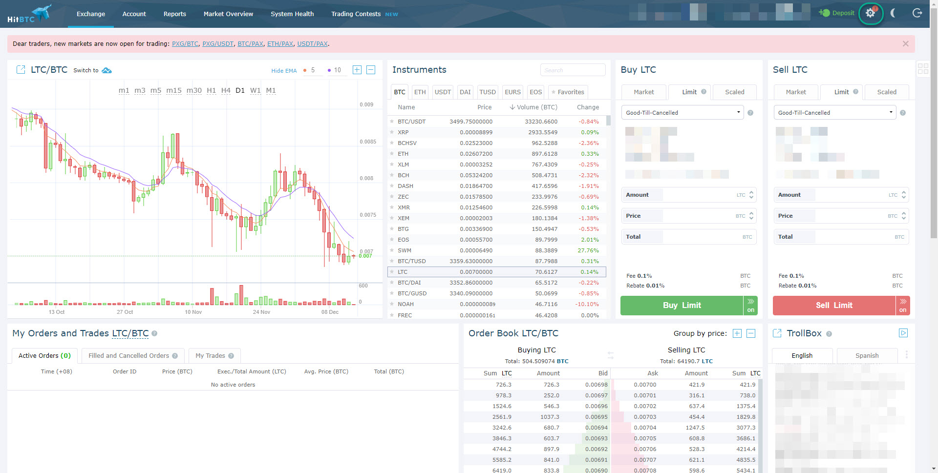 HaasOnline cryptocurrency trading platform with order book, price charts, and trading controls.