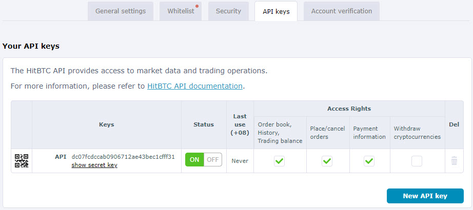 HaasOnline API keys dashboard displaying API key details, access rights, and option to create new key