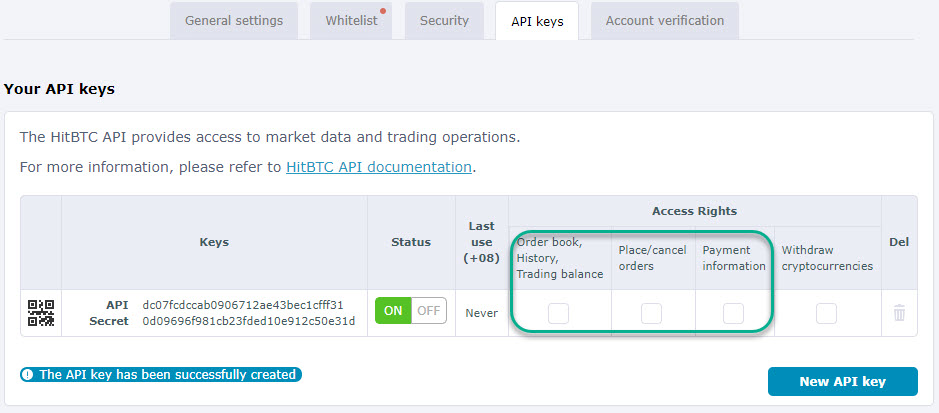 HaasOnline API key management interface displaying API keys, access rights, and status controls.