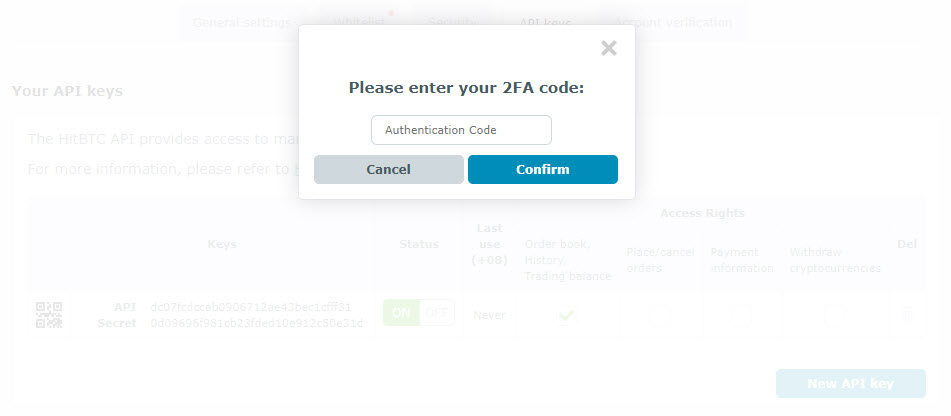 HaasOnline platform 2FA authentication dialog with text input, Cancel and Confirm buttons