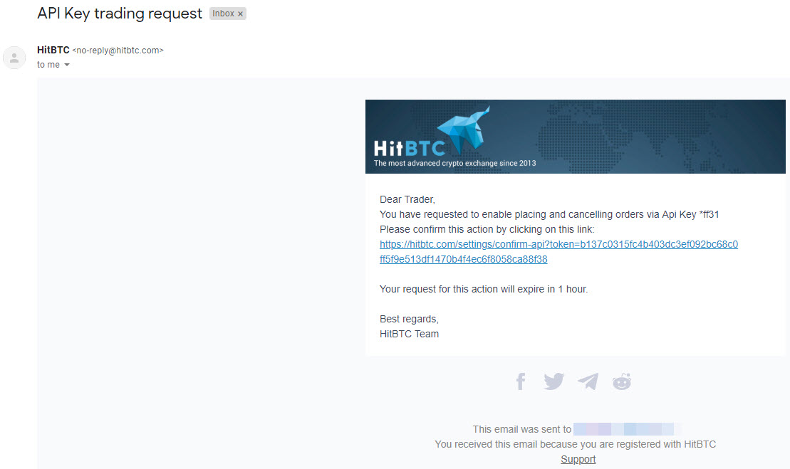 Email from HitBTC exchange announcing API key trading request with confirmation link and expiry notice.