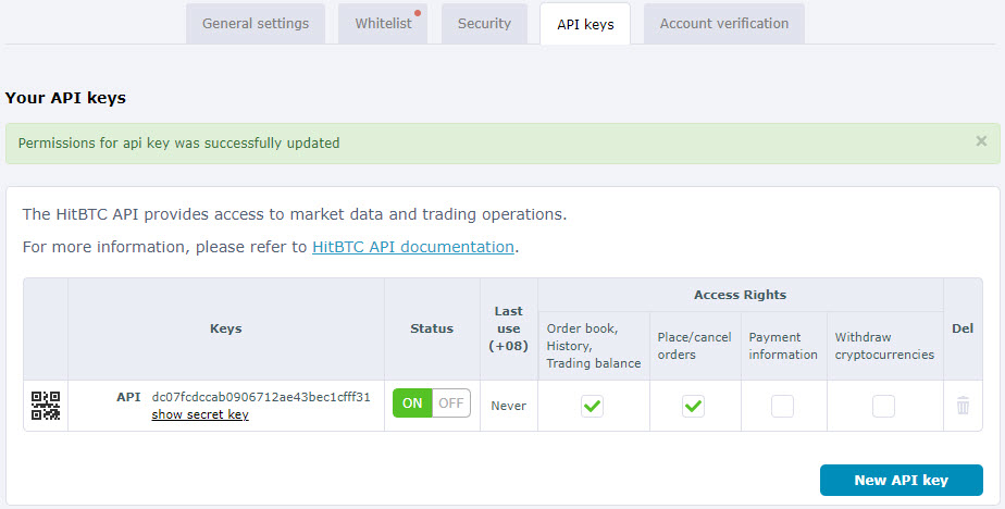 HaasOnline API keys management dashboard with permissions, access rights, and key details displayed.