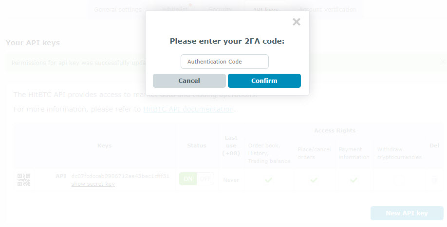 HaasOnline API documentation page with 2FA authentication code entry dialog