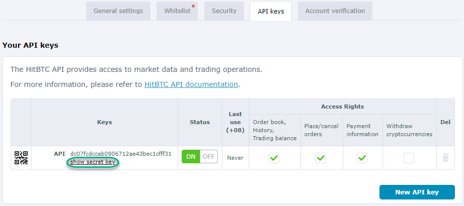 HaasOnline API keys management page showing API secret key and access rights
