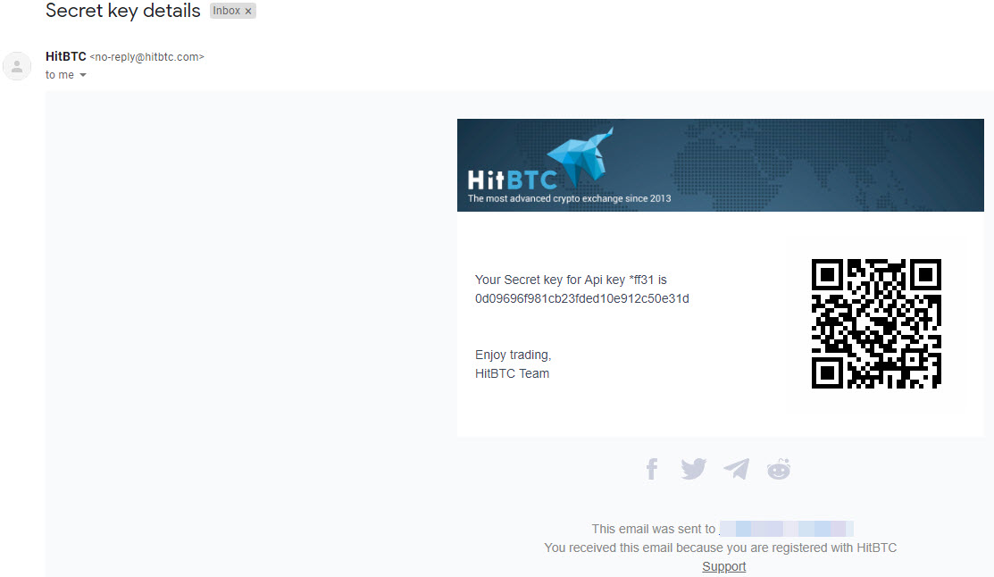 HitBTC email displaying secret API key details and QR code for secure access