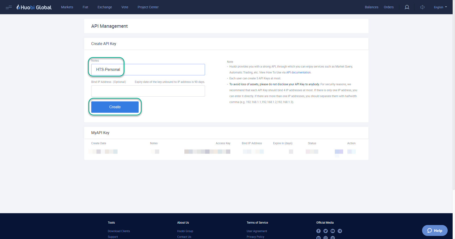 HaasOnline API management interface with Create API Key button and API key details table