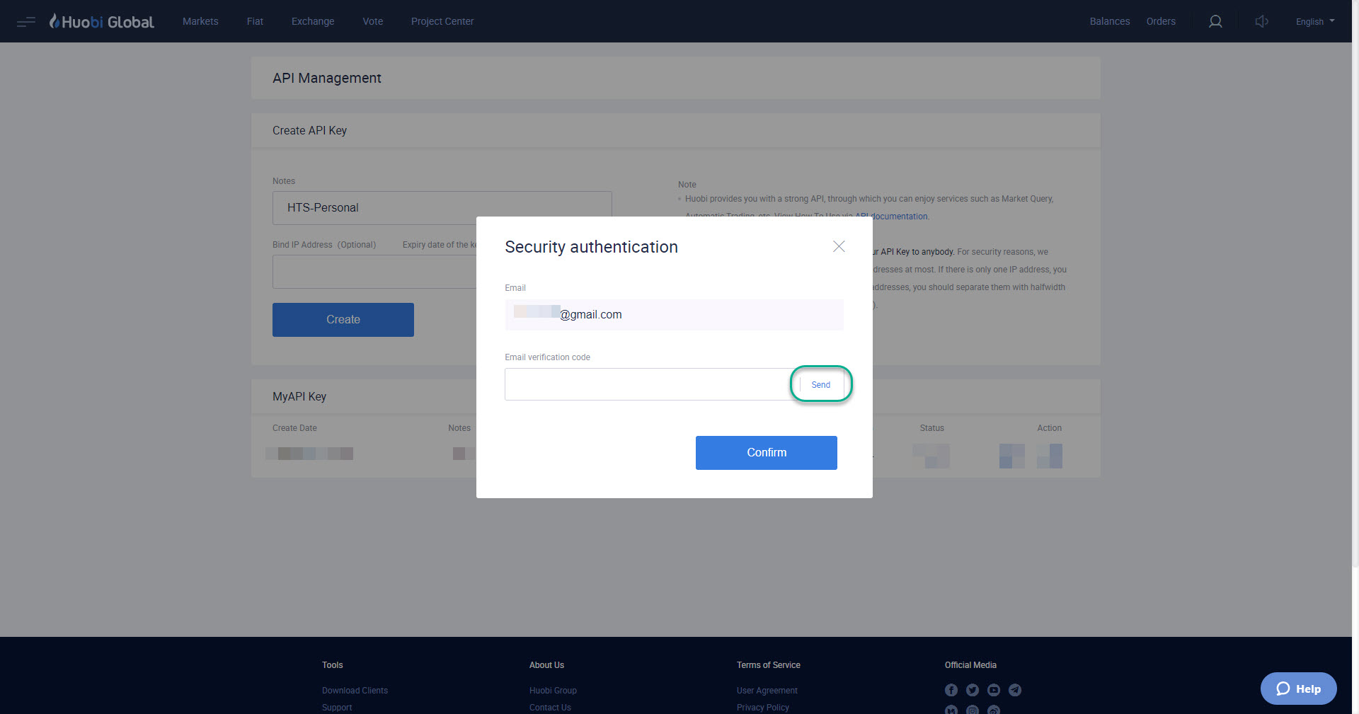 API management page on Huobi Global cryptocurrency exchange platform with "Security authentication" modal dialog for email verification.