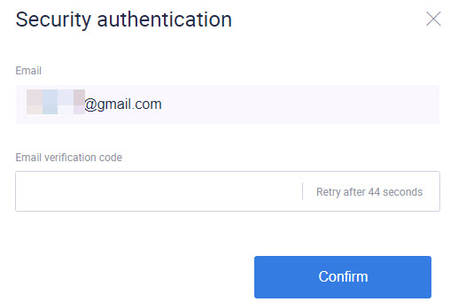 Security authentication dialog with email verification code input field and Confirm button.