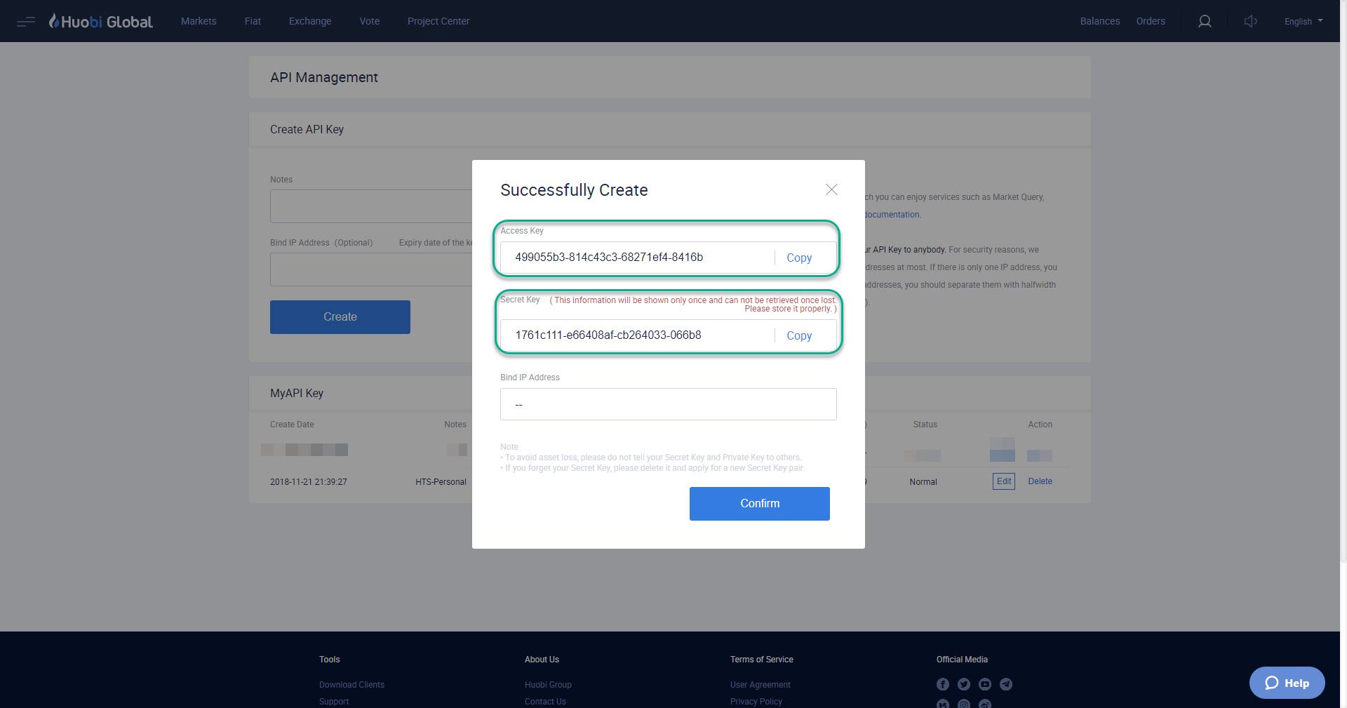 Huobi Global API Management dashboard with API key creation dialogue box displaying access and secret keys.