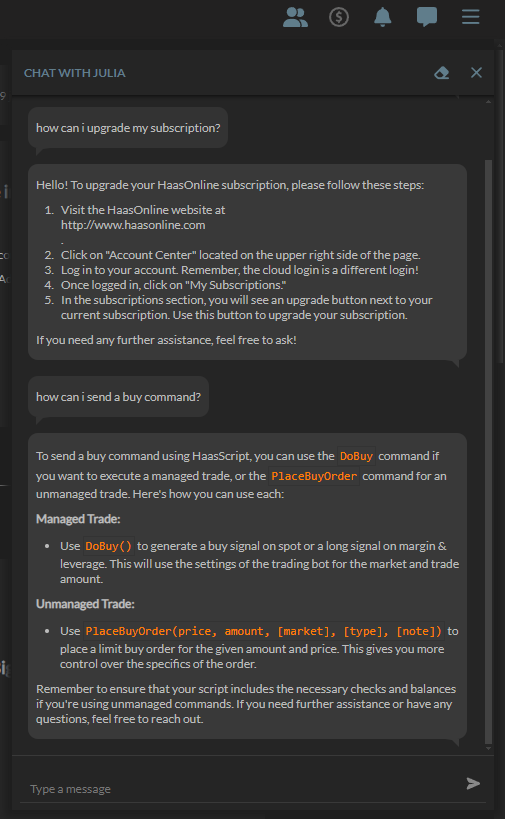 HaasOnline chat interface displaying instructions for upgrading subscription and executing buy commands via DoBy() and PlaceBuyOrder().