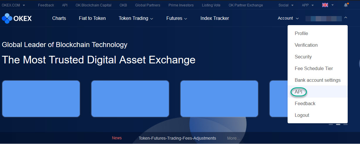 Cryptocurrency exchange platform OKEX showing API settings page with navigation menu, account overview, and API-related options.