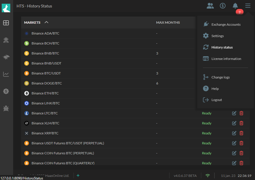 Cryptocurrency trading platform HaasOnline's History Status interface displaying available trading markets and withdrawal time limits.