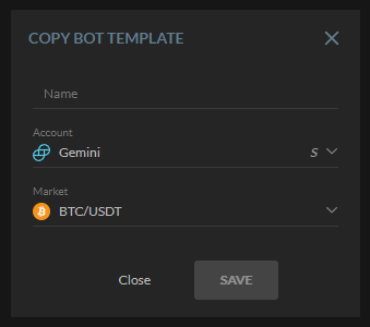 Copy bot template form with fields for Name, Account, and Market selection in HaasOnline cryptocurrency trading platform.