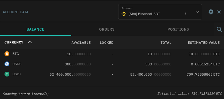 Cryptocurrency trading platform UI showing floating account data widget.