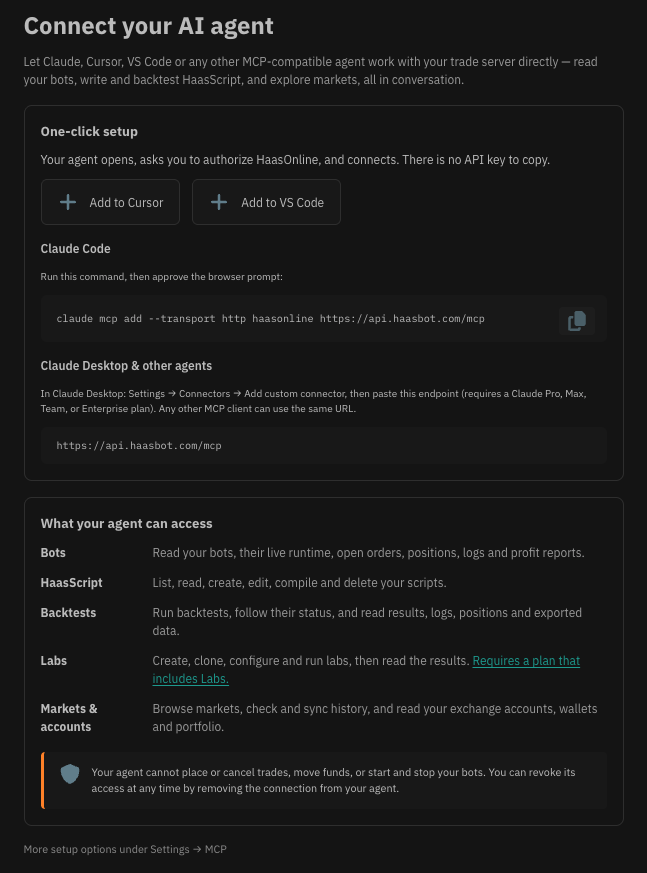 The Connect your AI agent page, with one-click buttons for Cursor and VS Code, the Claude Code command, the endpoint URL for Claude Desktop, and a summary of what the agent can access.