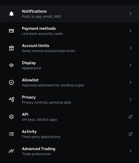 Coinbase Settings menu with the API entry for API keys and OAuth2 apps.