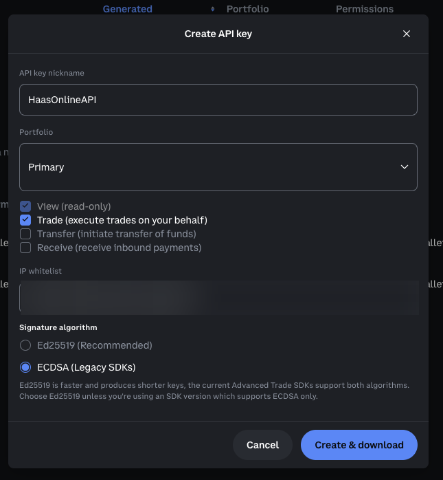 Coinbase Create API key dialog with Trade enabled, Transfer and Receive off, an IP whitelist, and the ECDSA signature algorithm selected.