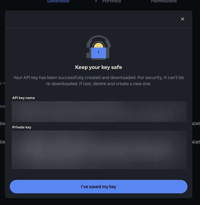 Coinbase Keep your key safe screen with the API key name and private key.