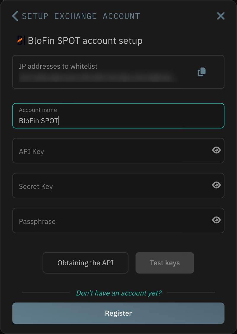 BloFin SPOT account setup form with the IP whitelist, account name, API key, secret key and passphrase fields.