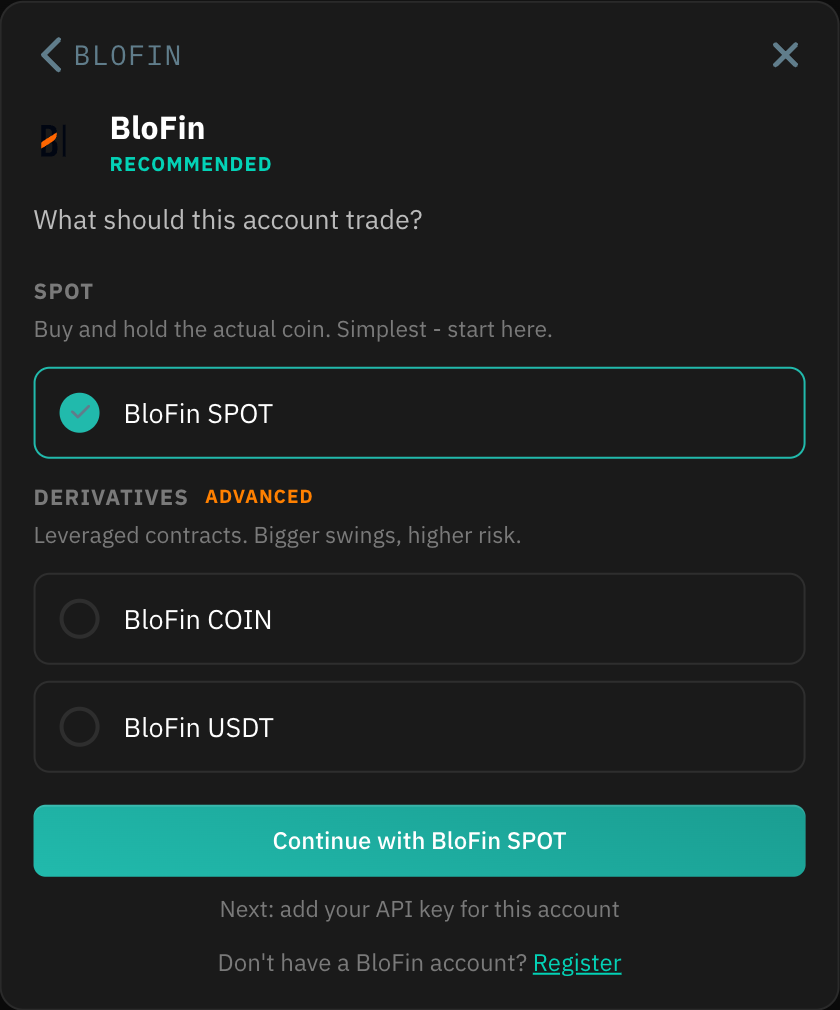 What should this account trade, with BloFin SPOT selected and BloFin COIN and BloFin USDT under Derivatives.