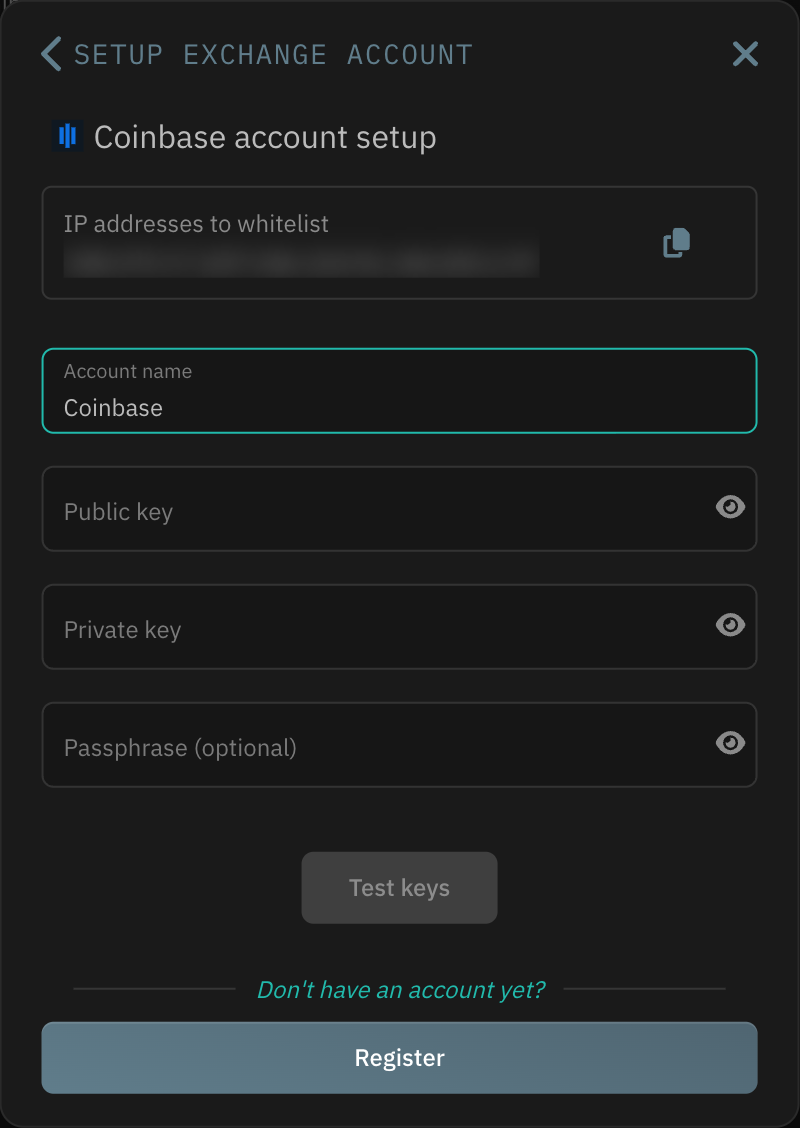 Coinbase account setup form with the IP whitelist, account name, public key, private key and optional passphrase fields.
