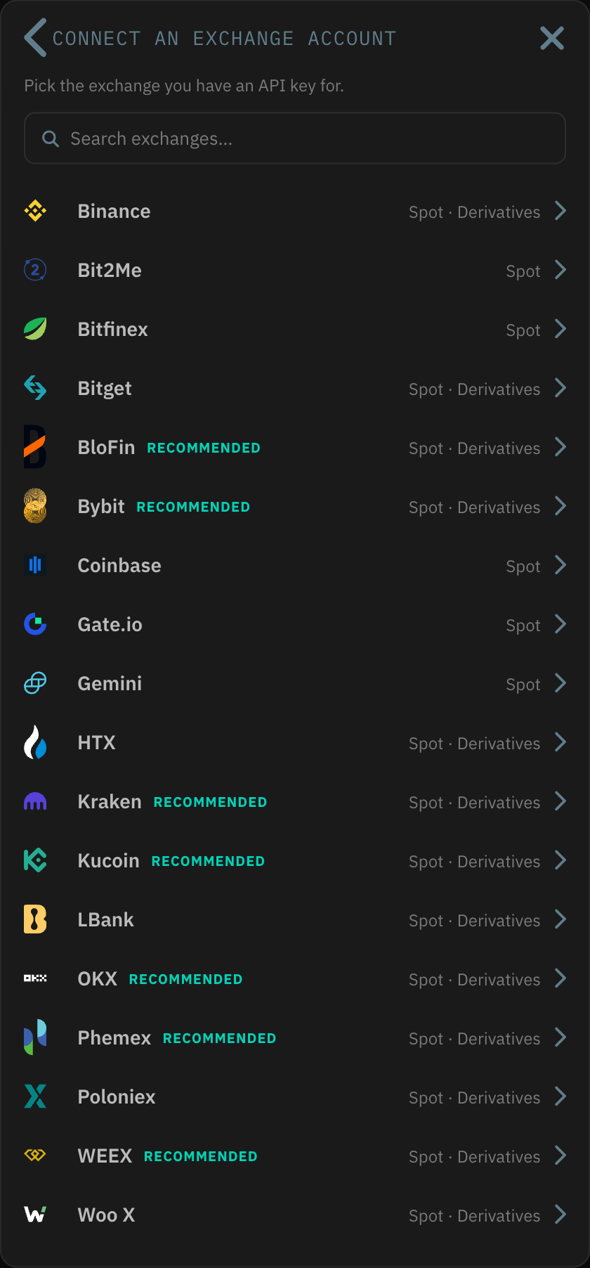 Connect an exchange account list with LBank among the supported exchanges.