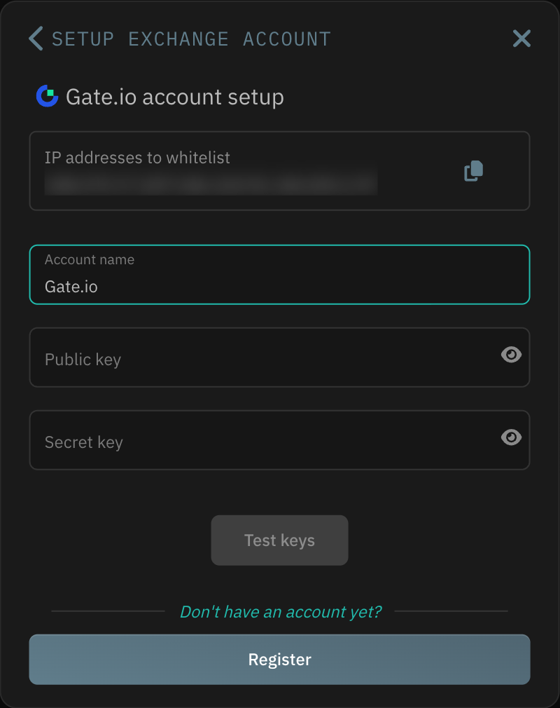 Gate.io account setup form with the IP whitelist, account name, public key and secret key fields.