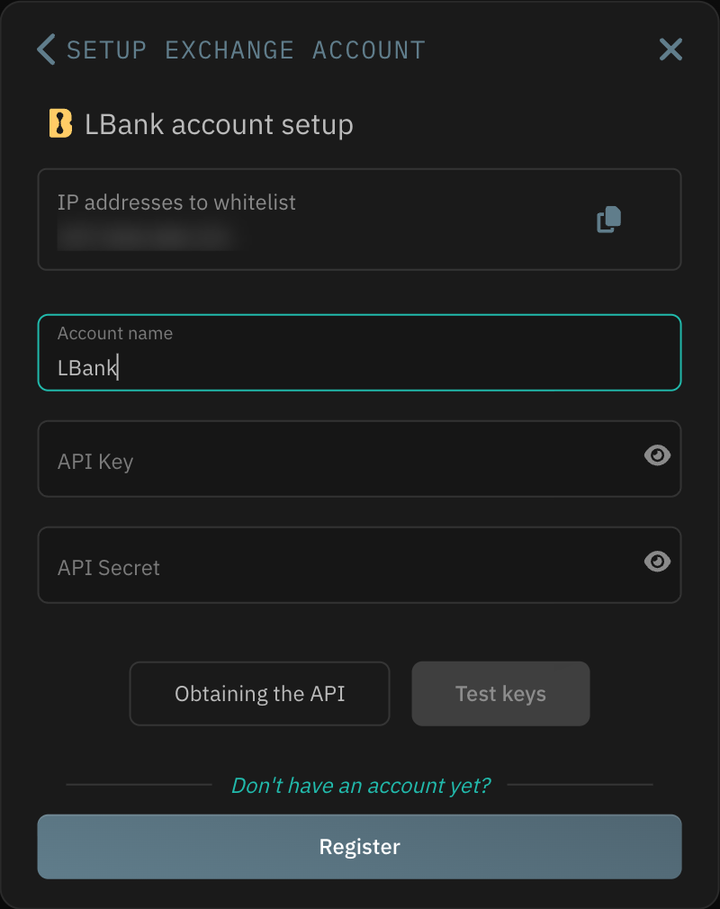 LBank account setup form with the IP whitelist, account name and API key fields.