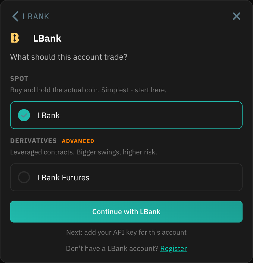 What should this account trade, showing the LBank Spot and Derivatives markets.