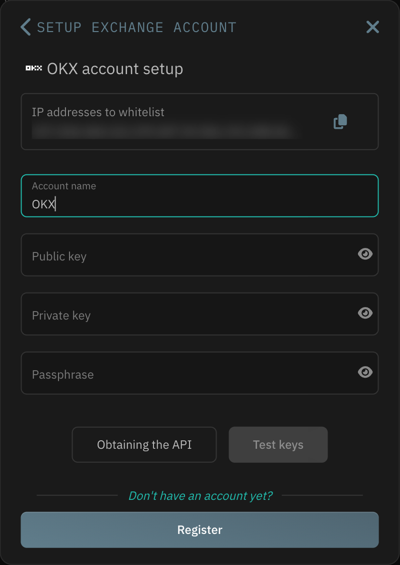 OKX account setup form with the IP whitelist, account name, public key, private key and passphrase fields.