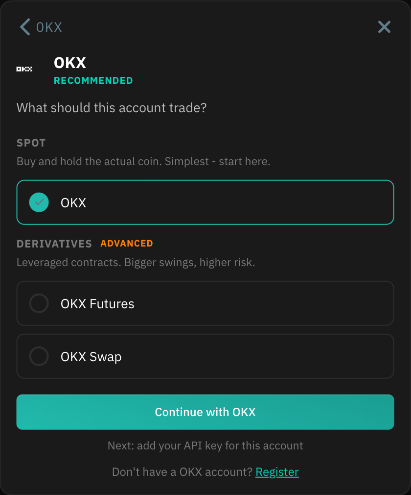 What should this account trade, with OKX under Spot and OKX Futures and OKX Swap under Derivatives.