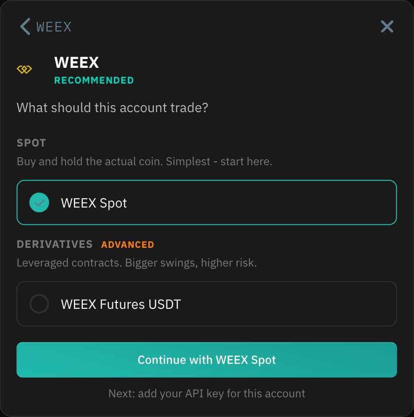 What should this account trade, with WEEX Spot under Spot and WEEX Futures USDT under Derivatives.