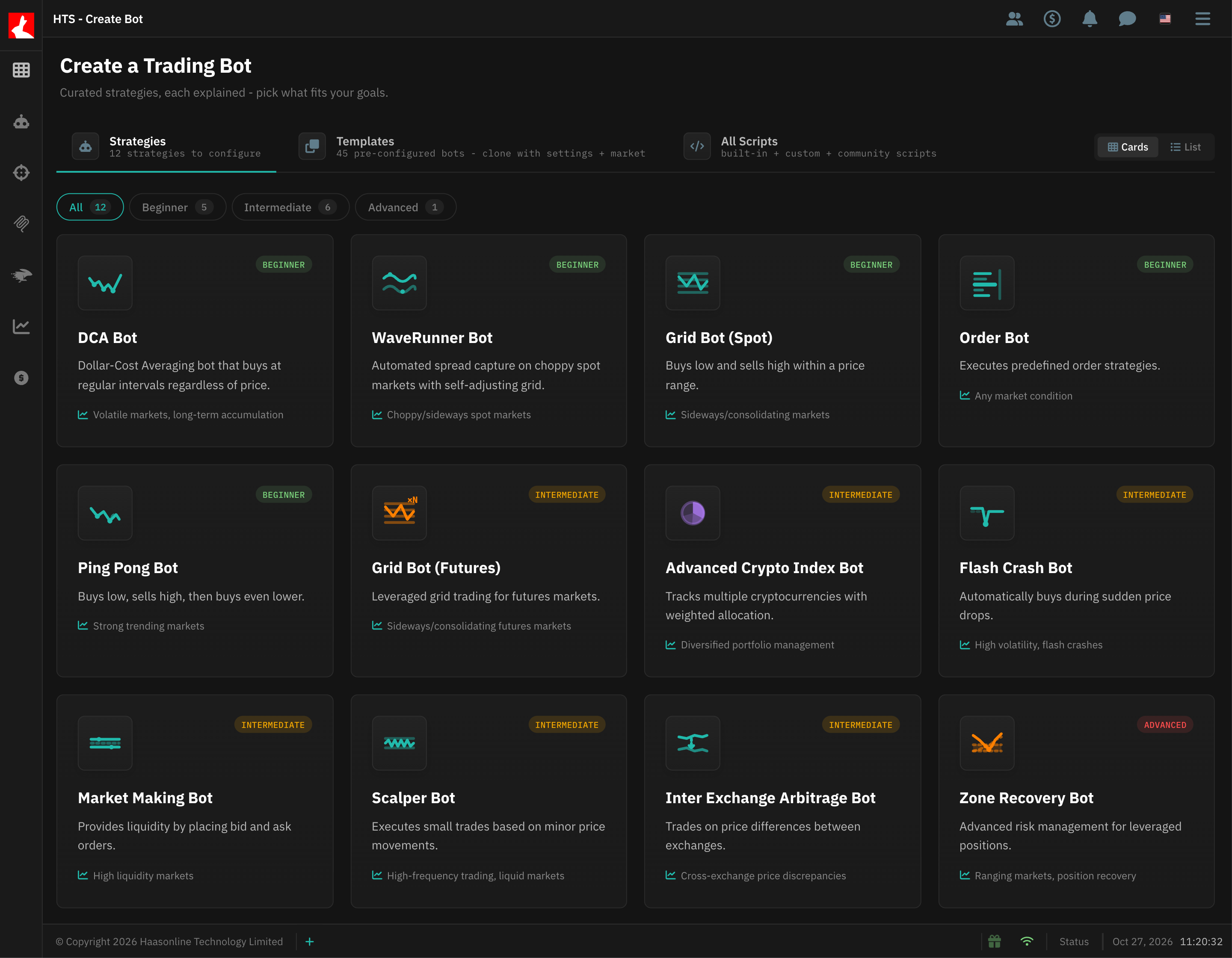Strategies tab with the strategy cards and the difficulty filter