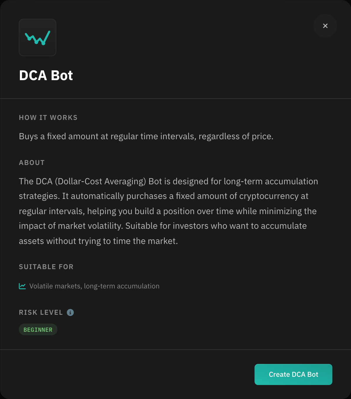 Strategy details for the DCA Bot with the Create DCA Bot button