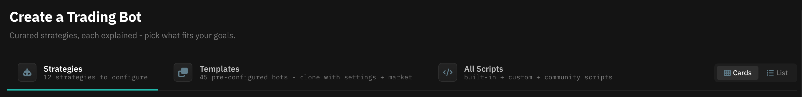 Create a Trading Bot page header with the Strategies, Templates and All Scripts tabs