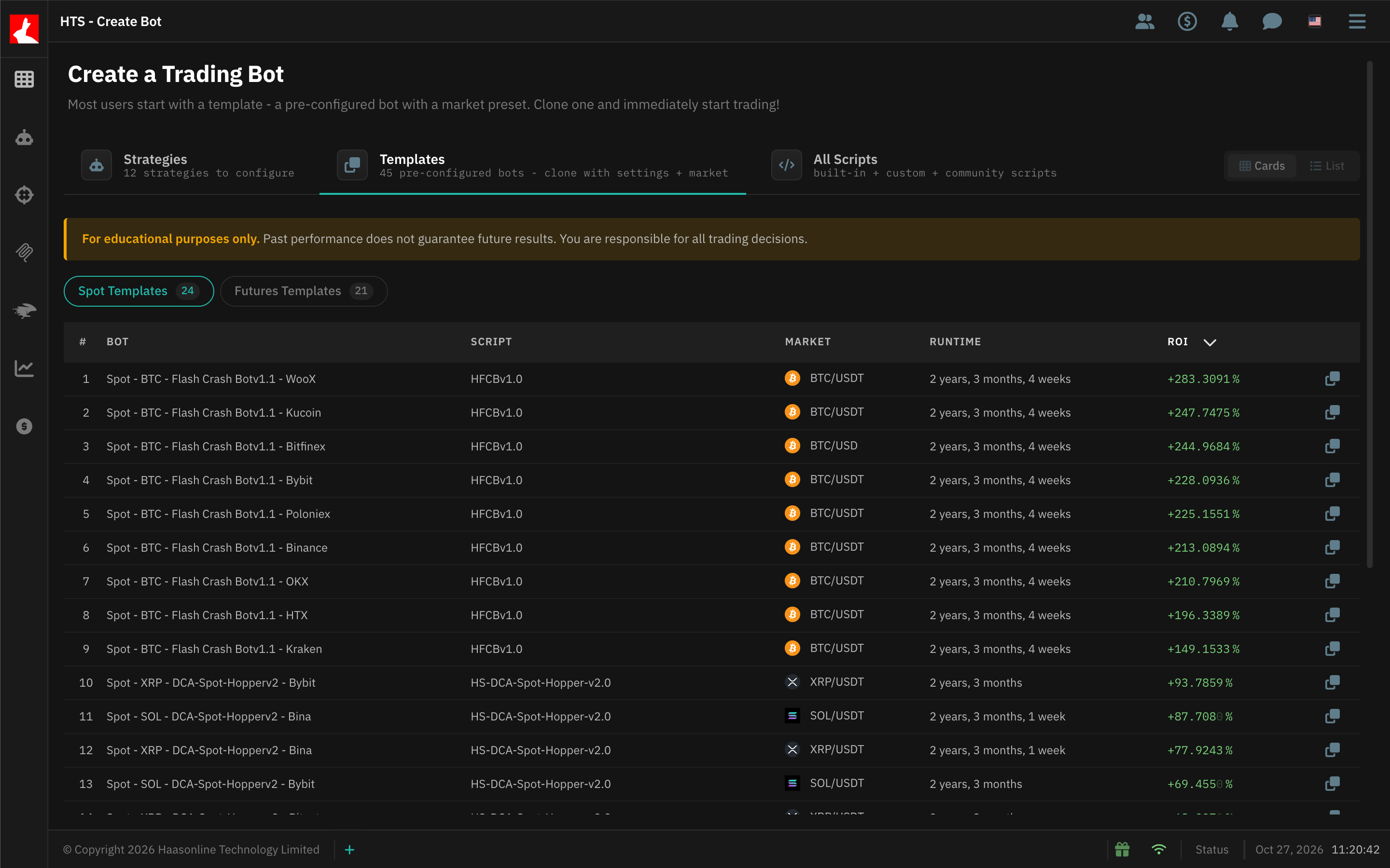 Templates tab with the Spot Templates list