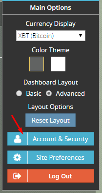 Main Options menu in HaasOnline cryptocurrency trading platform, featuring Currency Display, Color Theme, Dashboard Layout, and Account & Security settings.
