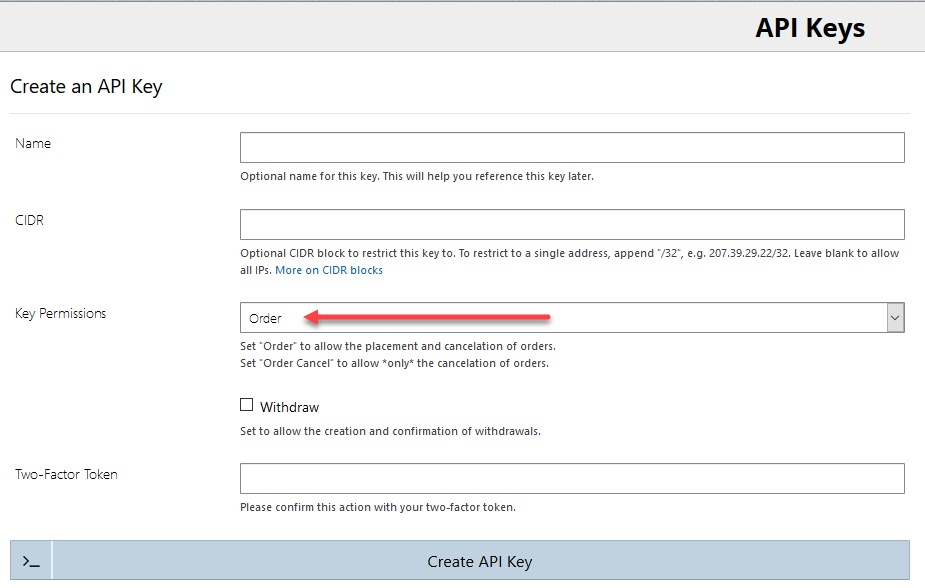 API Key creation form on HaasOnline platform with Name, CIDR, and Key Permissions input fields.