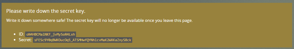 Cryptocurrency trading platform documentation page with prompt to write down secret API key securely.