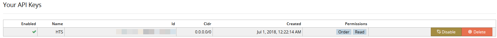 HaasOnline API Keys management interface with enabled API key details and option to disable or delete the key.