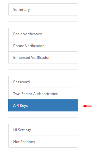 HaasOnline platform settings menu displaying API Keys section with options for managing API access.